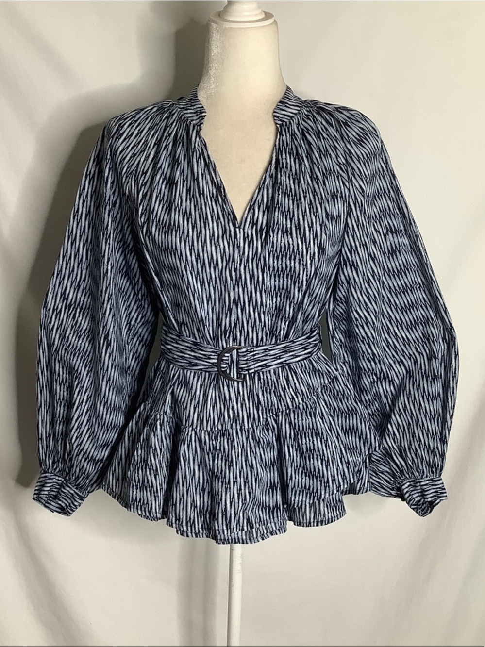 Banana Republic Belted Tiered Cotton Blouse Size S Blue Geometric Print